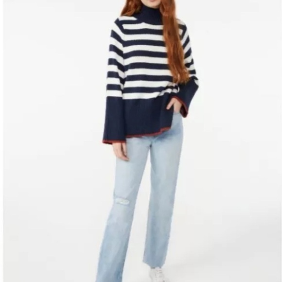 Navy and White Striped Women's Sweater Free Assembly Nautical - Picture 6 of 6